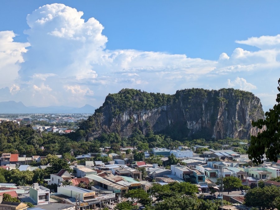Da Nang city and coastline with mountain backdrop, Vietnam