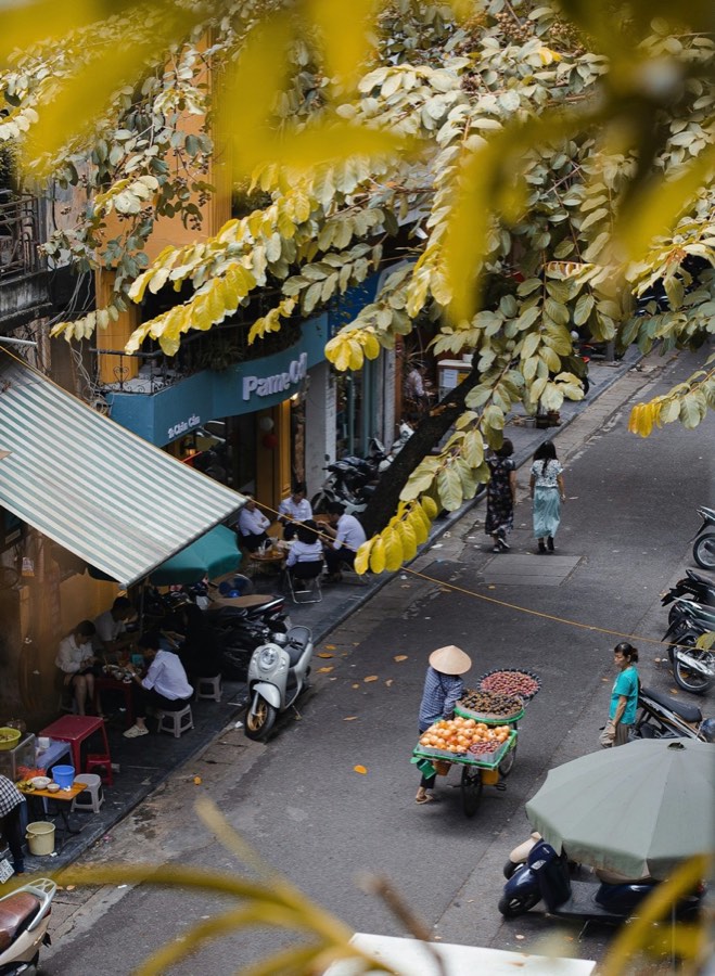 Aerial view of a Hanoi city street seen from a building above, Vietnam