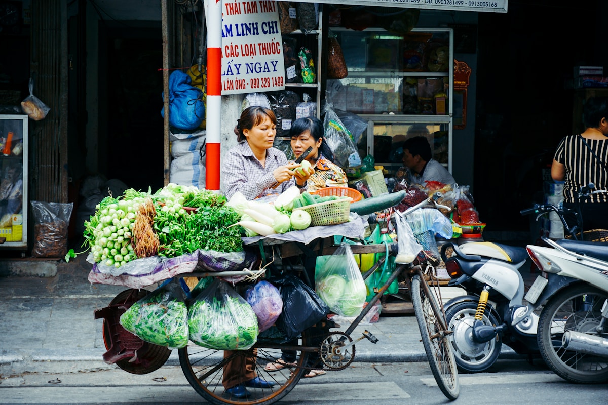 Vietnamese street food vendor with vegetables on a bicycle cart in Hanoi's Old Quarter