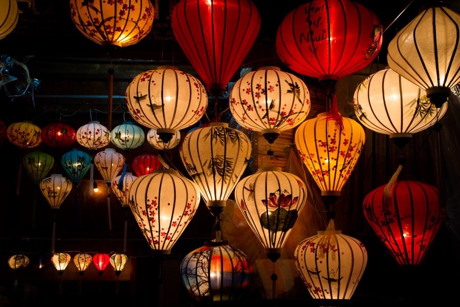 Colourful paper lanterns lighting Pho Co street at night, Hoi An, Vietnam