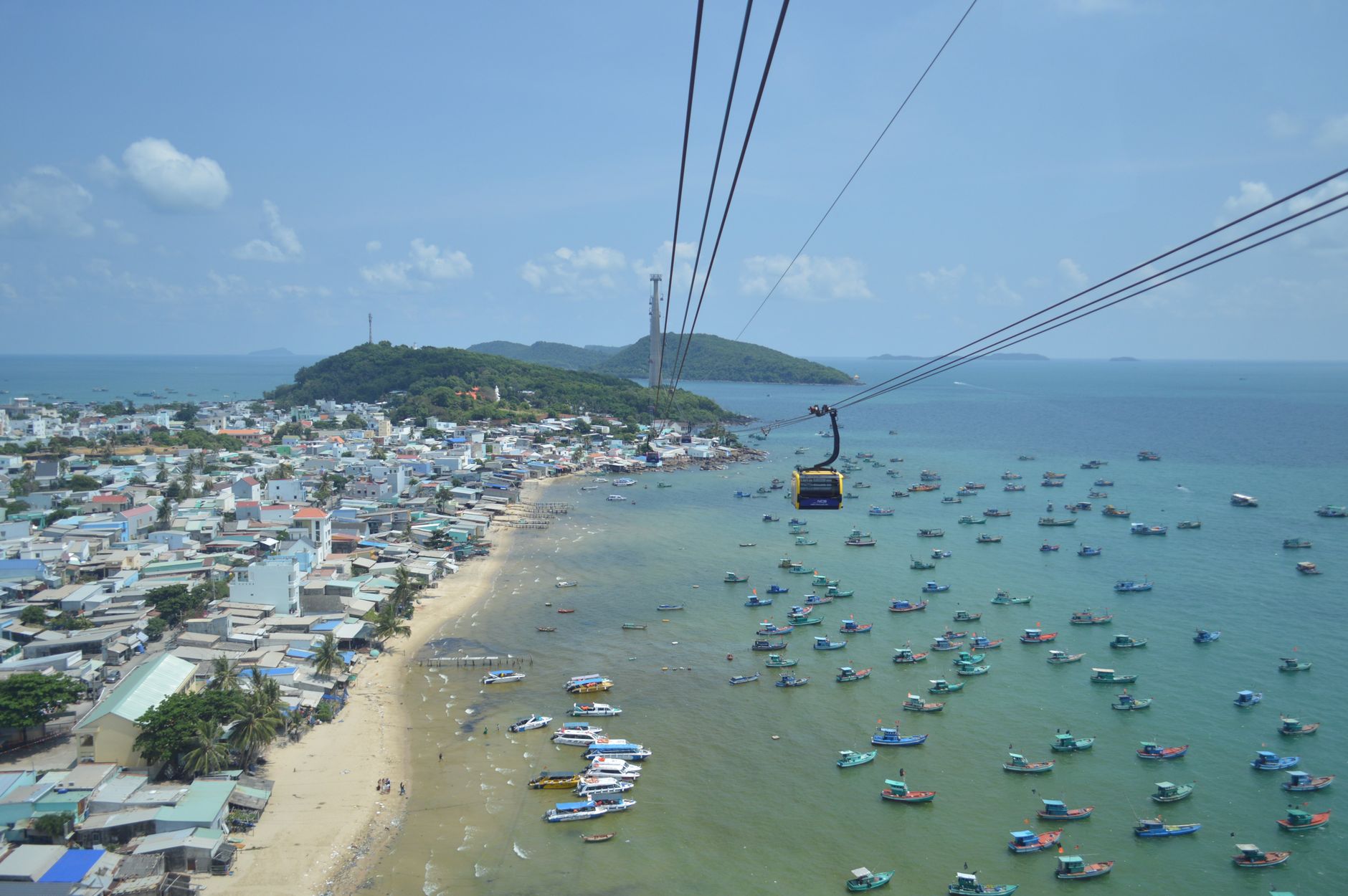 Aerial view of Phu Quoc Island with cable cars overlooking the vibrant coastline, Vietnam