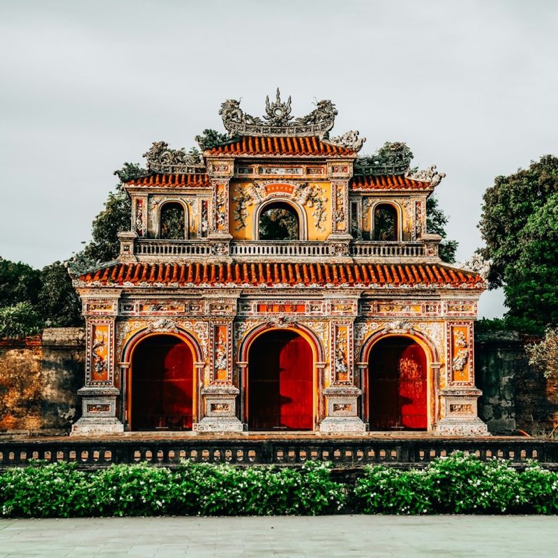 Colonial building with clock tower in Hue, central Vietnam