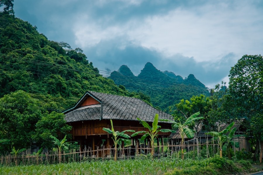Lush green mountains under cloudy sky, Mai Chau valley, Vietnam