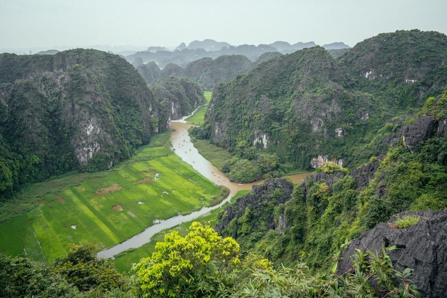 River flowing through lush green valley, Ninh Binh, Vietnam