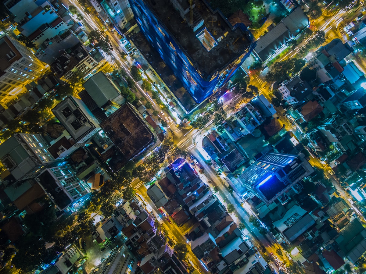 Vietnamese city streets seen from above at night — Vietnam in October