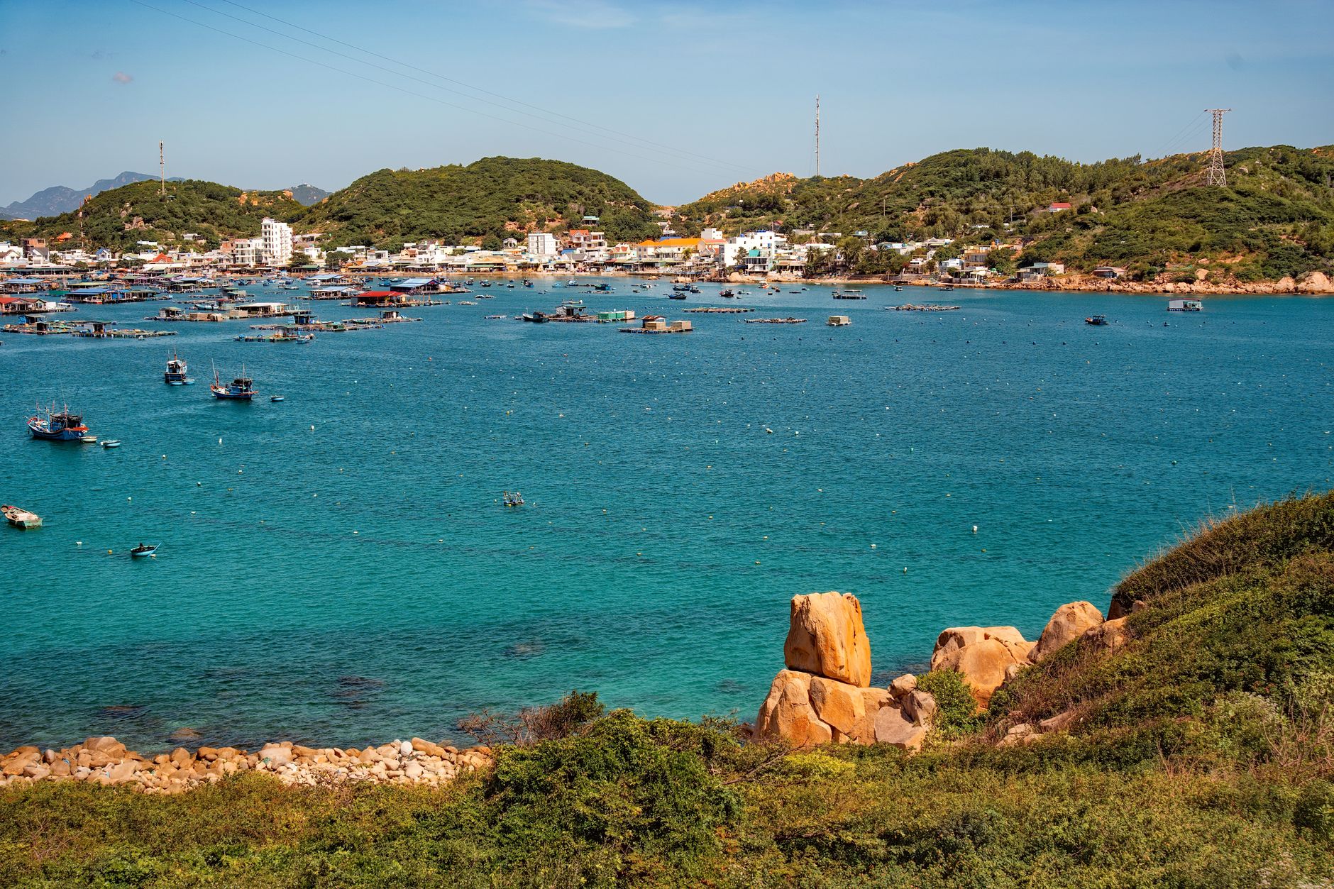 Local Quy Nhon dishes including jellyfish noodle soup and fresh seafood at a beachside restaurant