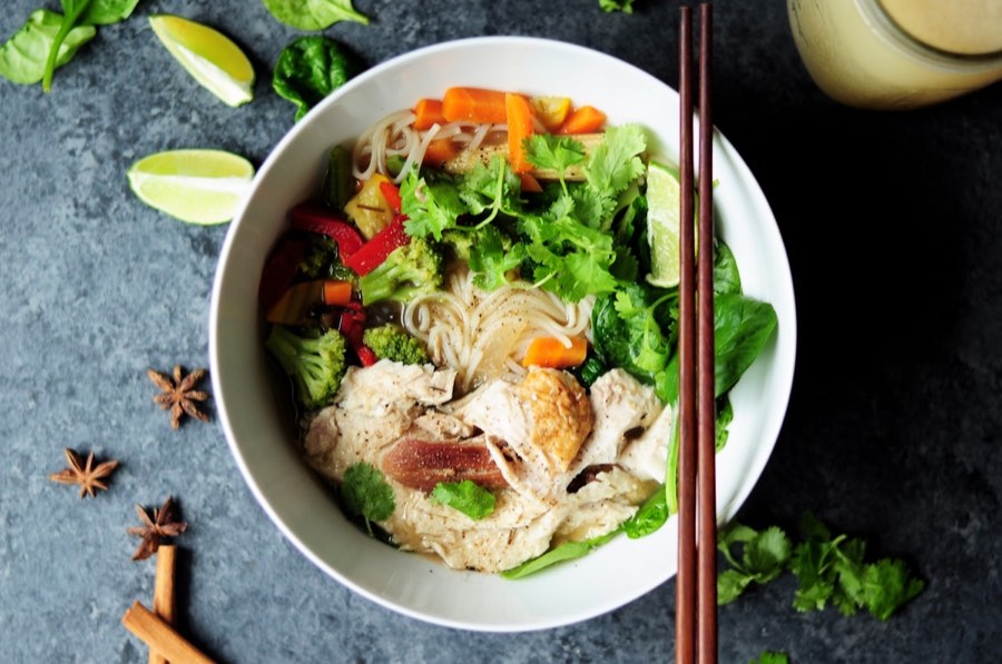 Vietnamese cao lau noodle bowl with herbs, Hoi An