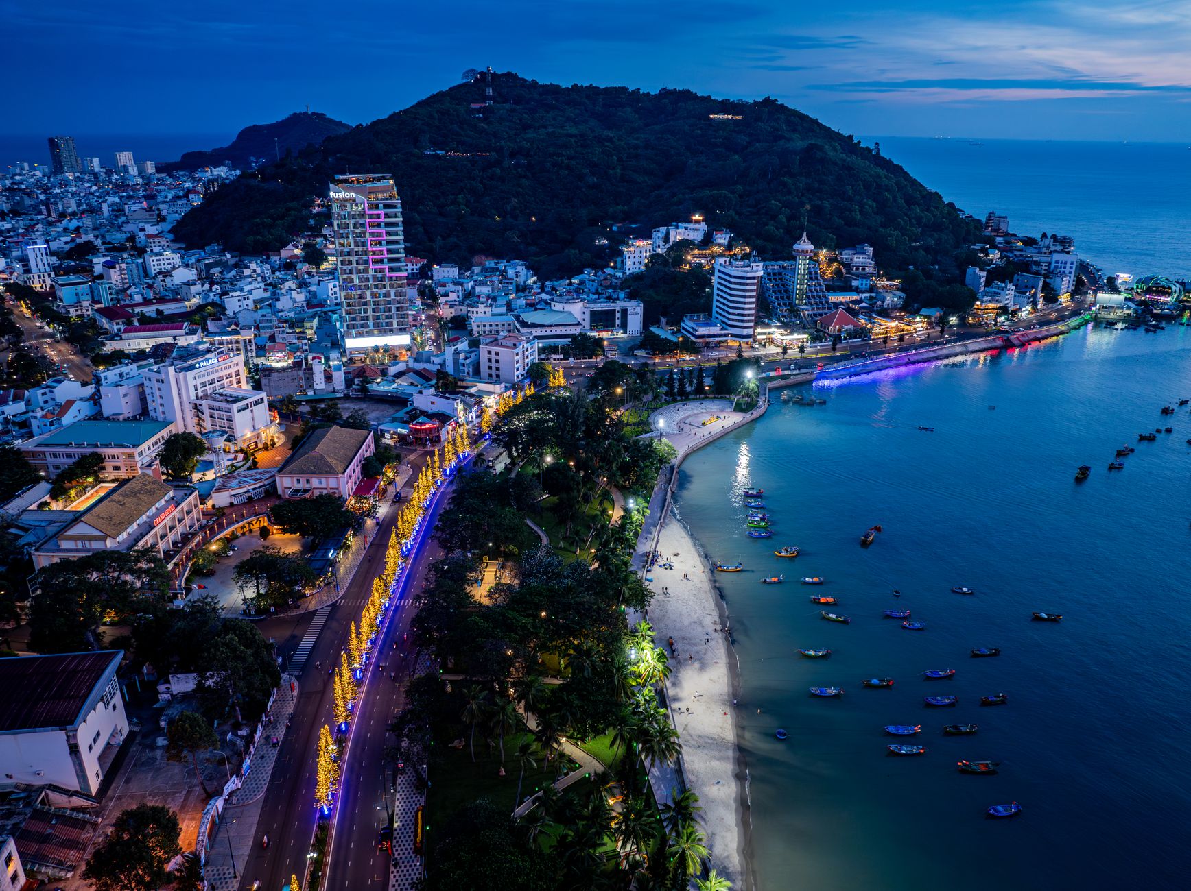 Aerial view of Vung Tau city with illuminated streets and coastline at night, Vietnam